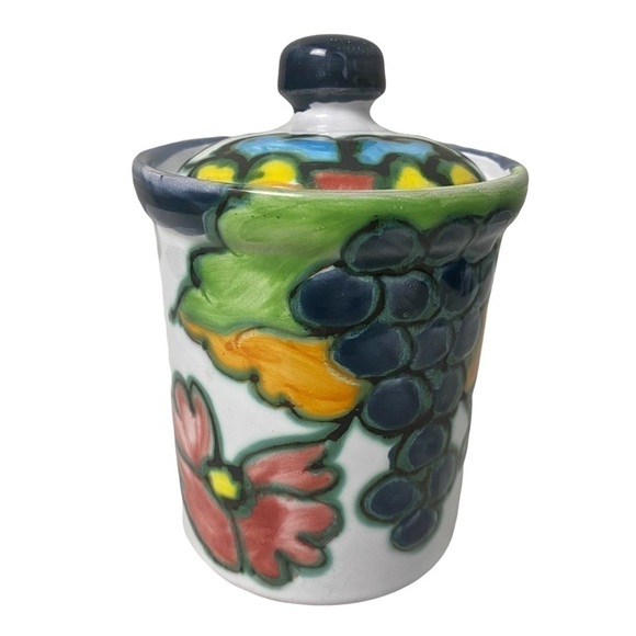 Celina Signed Hand painted Portugal 6” Lidded Jar Grape Floral EUC - Picture 1 of 8